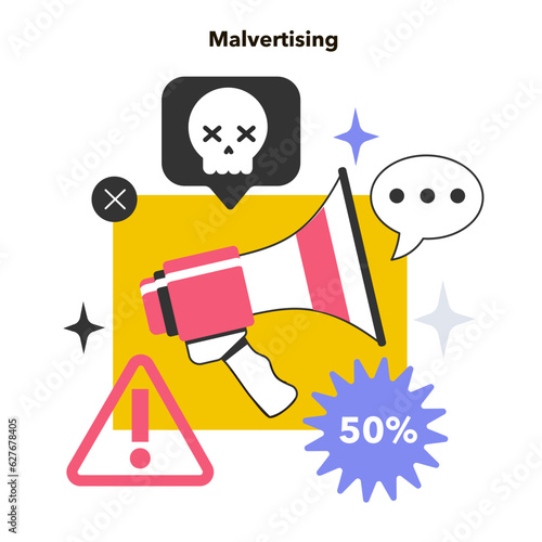 Malvertising. Virus or hacking software or phishing scam distributed