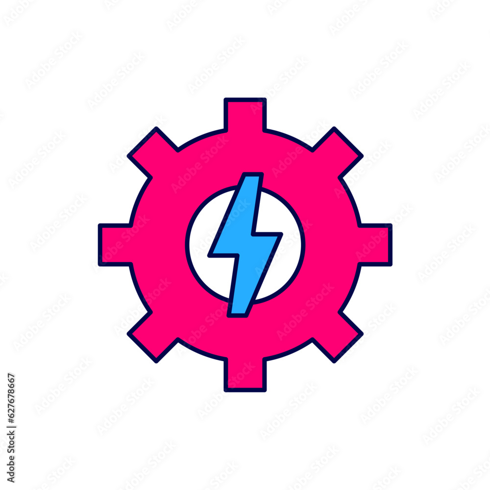 Filled outline Gear and lightning icon isolated on white background. Electric power. Lightning bolt sign. Vector Filled outline Gear and lightning icon isolated on white background. Electric power. Lightning bolt sign. Vector