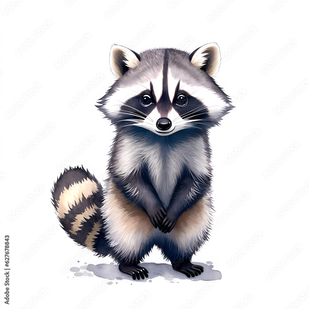 Obraz premium Raccoon in cartoon style. Cute Little Cartoon Raccoon isolated on white background. Watercolor drawing, hand-drawn Raccoon in watercolor. For children's books, for cards, Children's illustration.