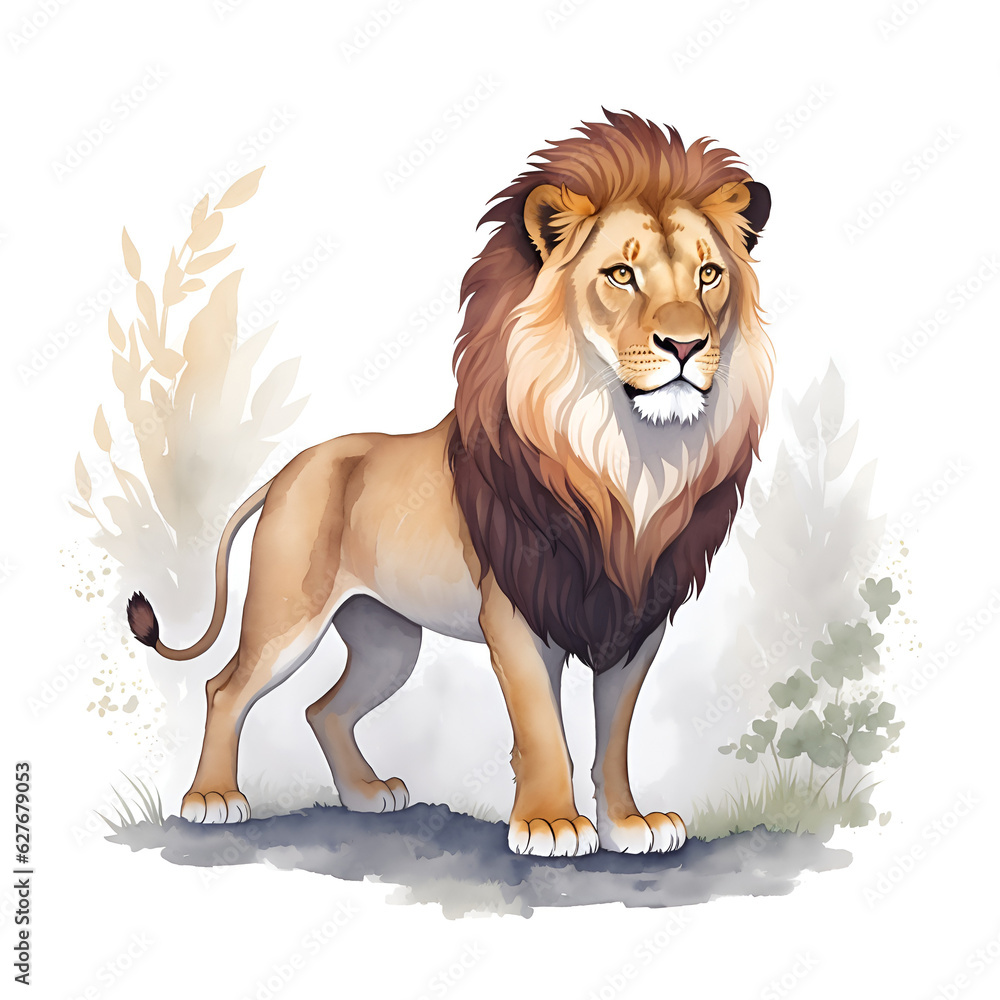 Obraz premium Lion in cartoon style. Cute Little Cartoon lion isolated on white background. Watercolor drawing, hand-drawn lion in watercolor. For children's books, for cards, Children's illustration..
