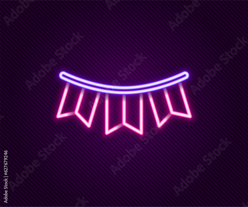 Glowing neon line Carnival garland with flags icon isolated on black background. Party pennants for birthday celebration, festival decoration. Colorful outline concept. Vector