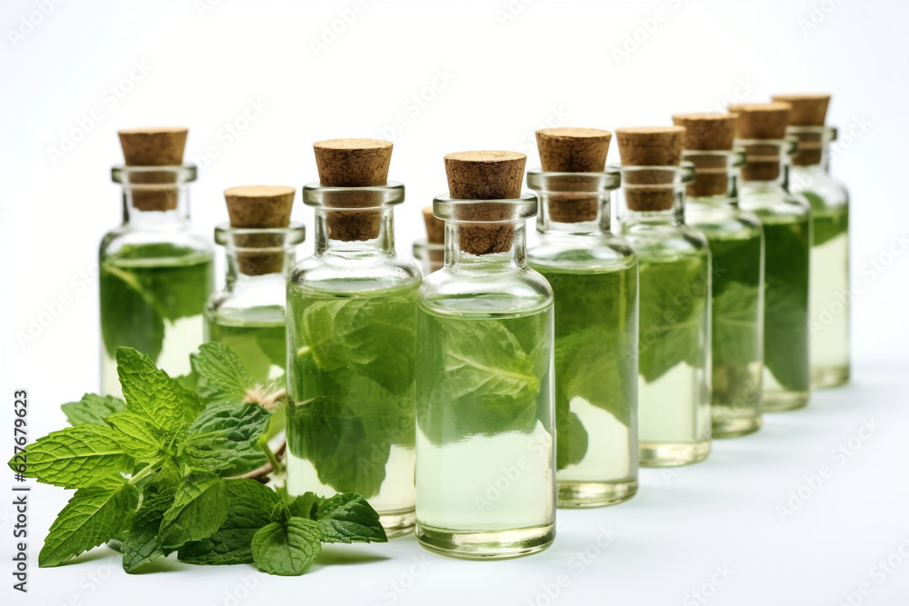 Oil of peppermint in small bottles, fresh green mint on white background Oil of peppermint in small bottles, fresh green mint on white background