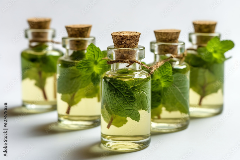 Oil of peppermint in small bottles, fresh green mint on white background Oil of peppermint in small bottles, fresh green mint on white background
