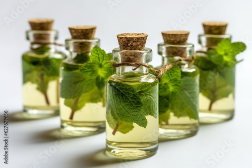 Oil of peppermint in small bottles  fresh green mint on white background