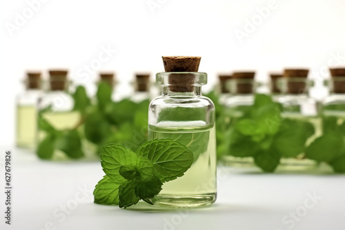 Oil of peppermint in small bottles, fresh green mint on white background