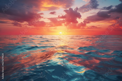 Vibrant Sunsets Over a Calm Ocean Horizon, Generative AI