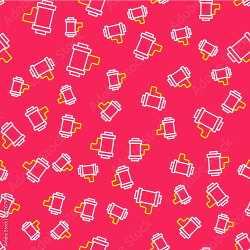 Line Camera vintage film roll cartridge icon isolated seamless pattern on red background. 35mm film canister. Filmstrip photographer equipment. Vector