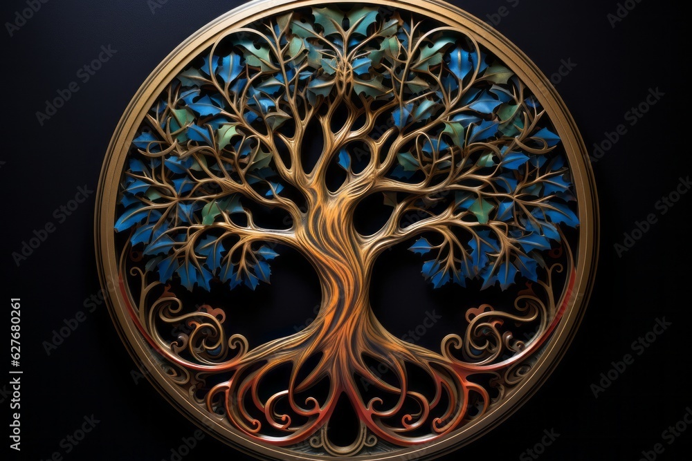 Tree of life in the circular metal coin. Beautiful illustration picture. Generative AI Tree of life in the circular metal coin. Beautiful illustration picture. Generative AI