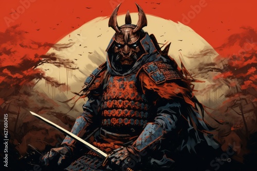 Full armored traditional samurai. Beautiful illustration picture. Generative AI