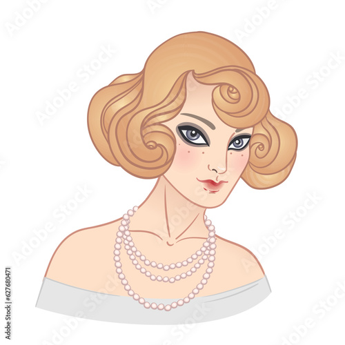 Art Deco vintage illustration of flapper girl. Retro party character in 1920s style. Vector design for glamour event or jazz party.