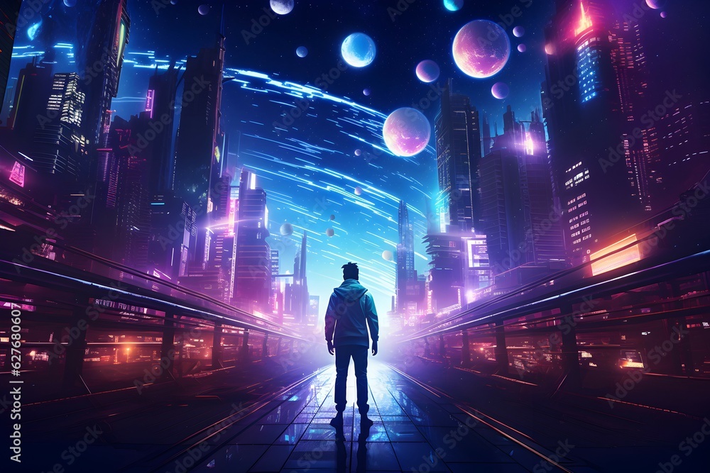 man walking in a futuristic city in outer space. generative AI illustration.