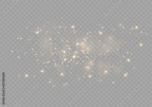 The light of gold dust. bokeh light effect background png. Christmas glowing dust background. Yellow flickering glow with confetti bokeh light and particle motion.