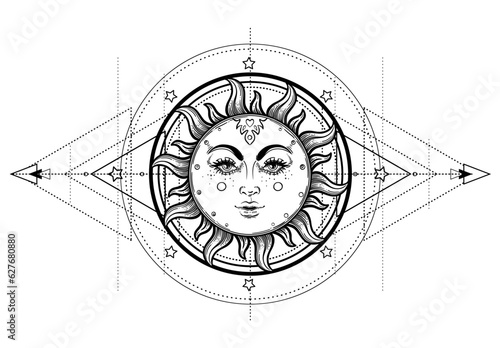 Sun and Triple moon pagan Wicca moon goddess symbol. Three-faced Goddess: Maiden – Mother – Crone isolated vector illustration. Tattoo, astrology, alchemy, boho and magic symbol. Coloring book..