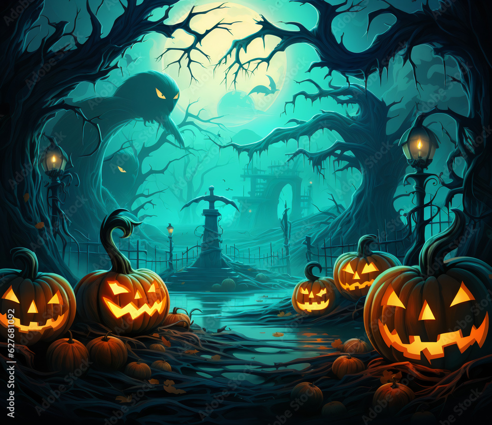 Spooky haunted forest with halloween Jack O' Lantern pumpkins on a halloween night Spooky haunted forest with halloween Jack O' Lantern pumpkins on a halloween night