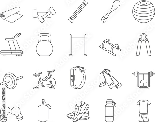 Fitness Equipment Icons Set. Dumbbells, Jump Rope, Sportswear. Editable Stroke. Simple Icons Vector Collection