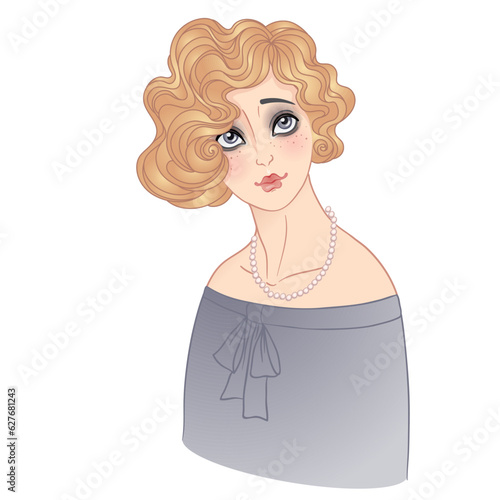 Art Deco vintage illustration of flapper girl. Retro party character in 1920s style. Vector design for glamour event or jazz party.