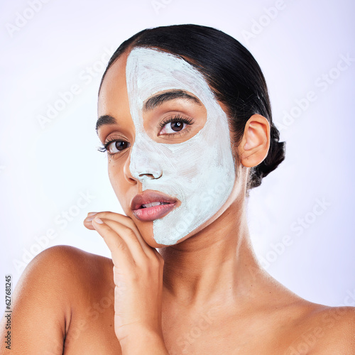 Face mask, portrait and woman in studio with skincare, result or dermatology wellness on grey background. Facial, comparison and female with half beauty, routine and clay product for skin exfoliation