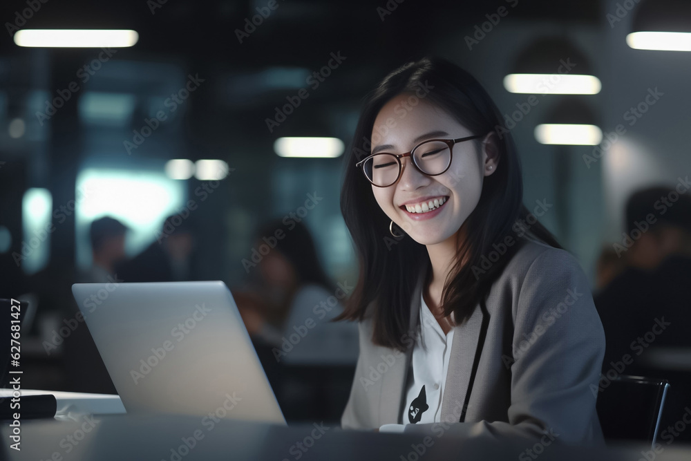Smart Asian woman with stylish eyeglasses works in a busy office, smiling at the camera amid a blurred background. generative AI. Smart Asian woman with stylish eyeglasses works in a busy office, smiling at the camera amid a blurred background. generative AI.