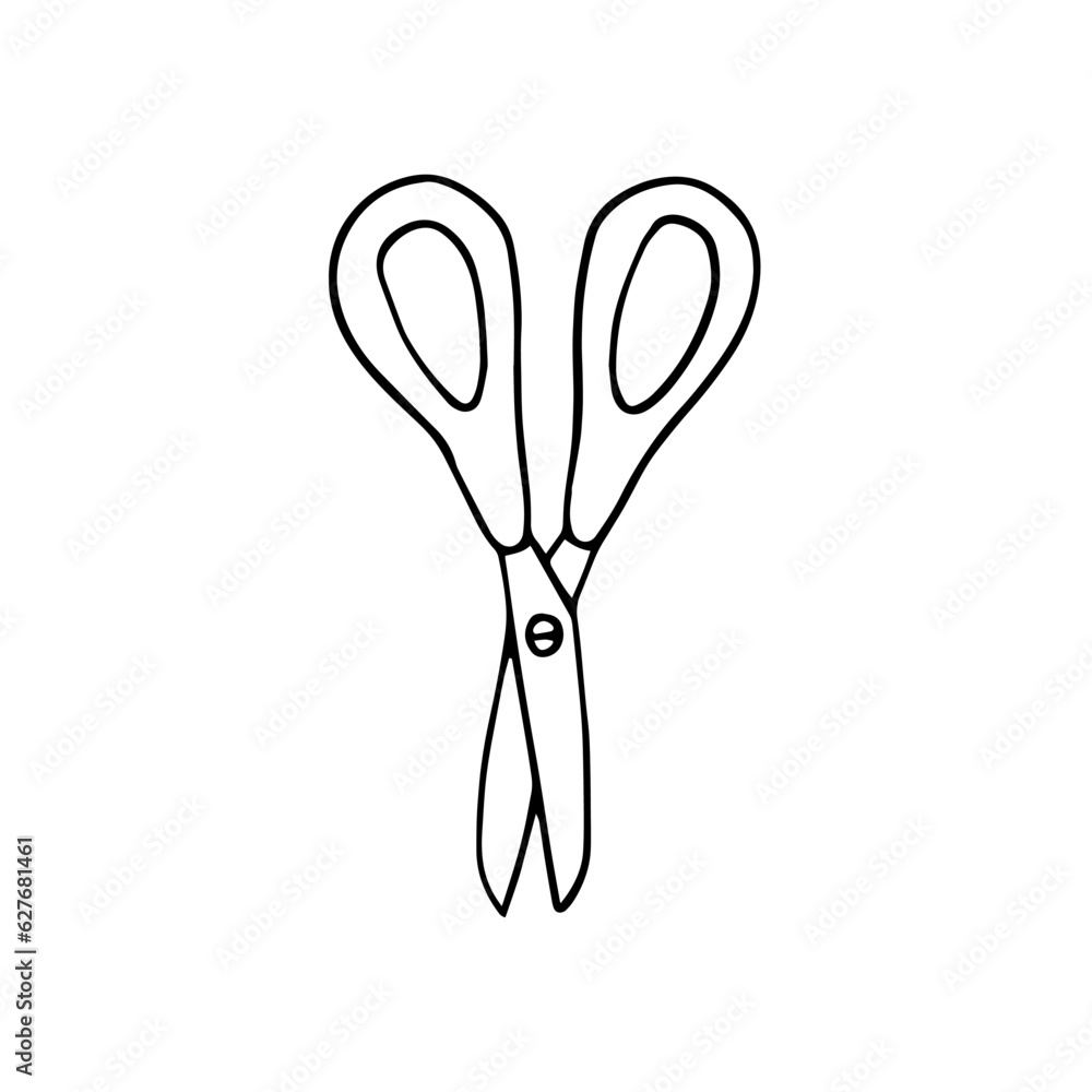 The scissors are isolated on a white background. Simple linear pattern. Black outline drawn by hand. The scissors are isolated on a white background. Simple linear pattern. Black outline drawn by hand.