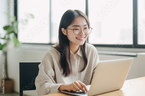 Smart Asian woman with stylish eyeglasses works in a busy office, smiling at the camera amid a blurred background. generative AI.