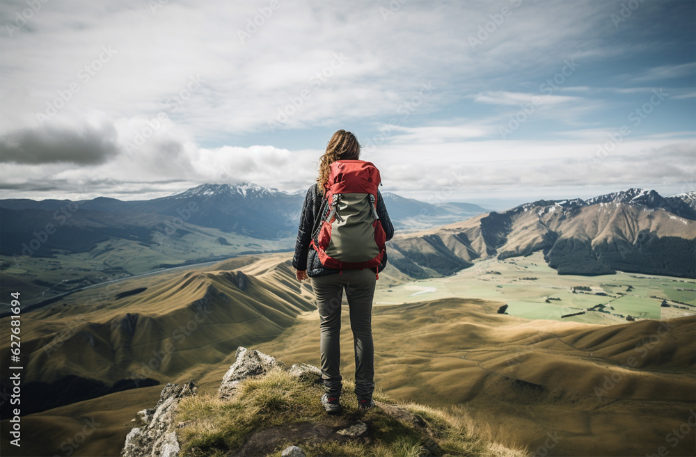 a hiker standing at the peak of a mountain with a backpack