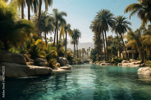 Tranquil Oasis Surrounded by Towering Palm Trees  Generative AI