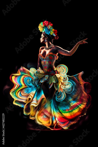 Gorgeous Latina dancer in colorful dress - watercolor art