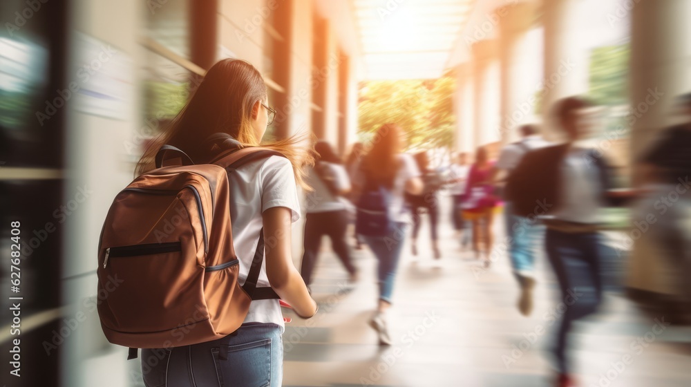 blurred group of young students going to class in fast movement, Generative AI blurred group of young students going to class in fast movement, Generative AI