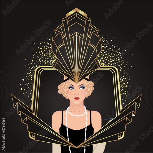 Flapper girl. Art deco (1920's style) vintage invitation template design for drink list, bar menu, glamour event, thematic wedding, jazz party flyer. Vector art.