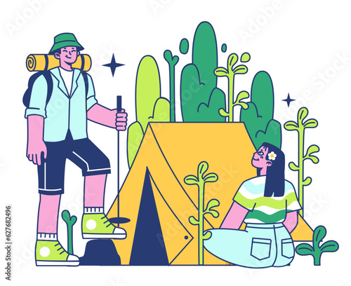 Retreat camp. Mental health treatment. Characters installing a tent.
