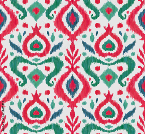 Ikat traditional folk textile pattern. Tribal ethnic hand drawn texture. Seamless background in Aztec, Indian, Scandinavian, Gypsy, or Mexican style. Raster illustration.