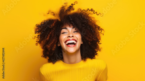 cheerful and funny happy woman in vivid shine yellow background  Generative AI