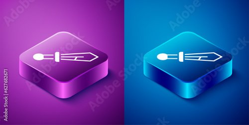 Isometric Medieval sword icon isolated on blue and purple background. Medieval weapon. Square button. Vector