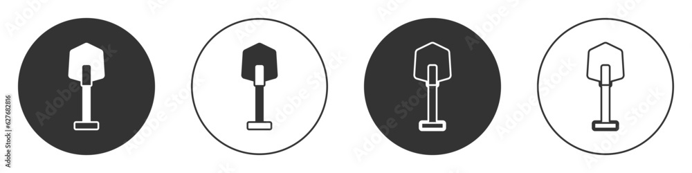 Black Fire shovel icon isolated on white background. Fire protection equipment. Equipment for firefighter. Circle button. Vector Black Fire shovel icon isolated on white background. Fire protection equipment. Equipment for firefighter. Circle button. Vector