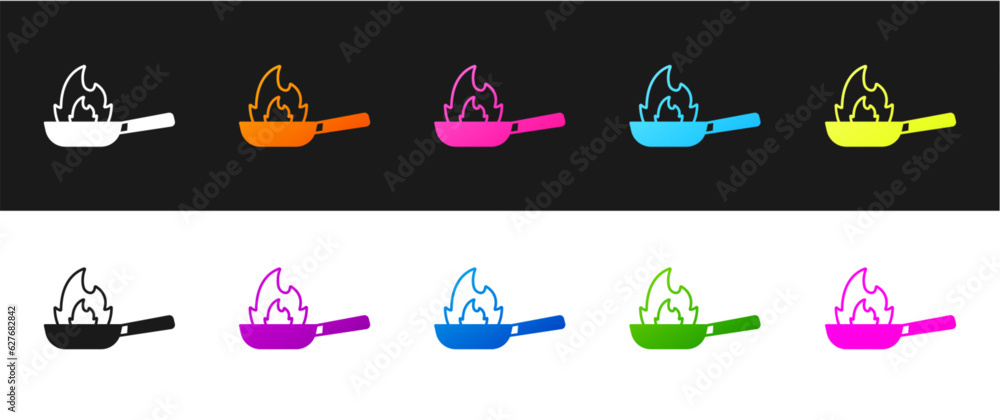 Set Pan with fire icon isolated on black and white background. Vector