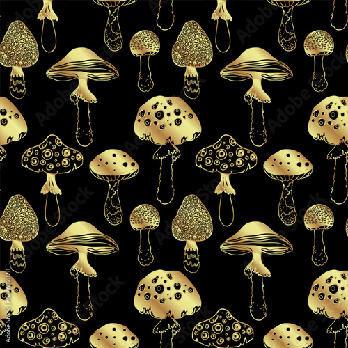 Magic mushrooms golden seamless pattern. Psychedelic hallucination. 60s hippi...