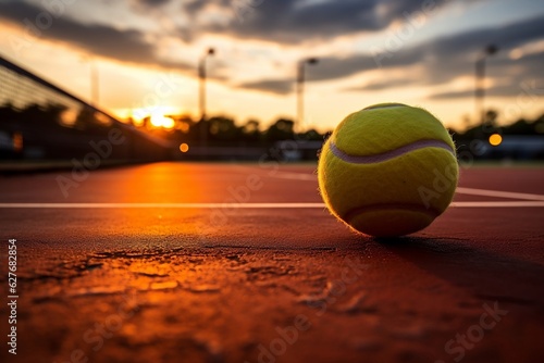 A photo of a tennis ball on the court during the match, Generative Ai © rzrstudio