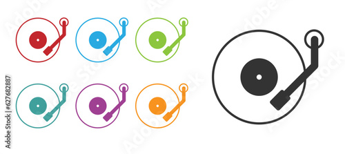 Black Vinyl player with a vinyl disk icon isolated on white background. Set icons colorful. Vector