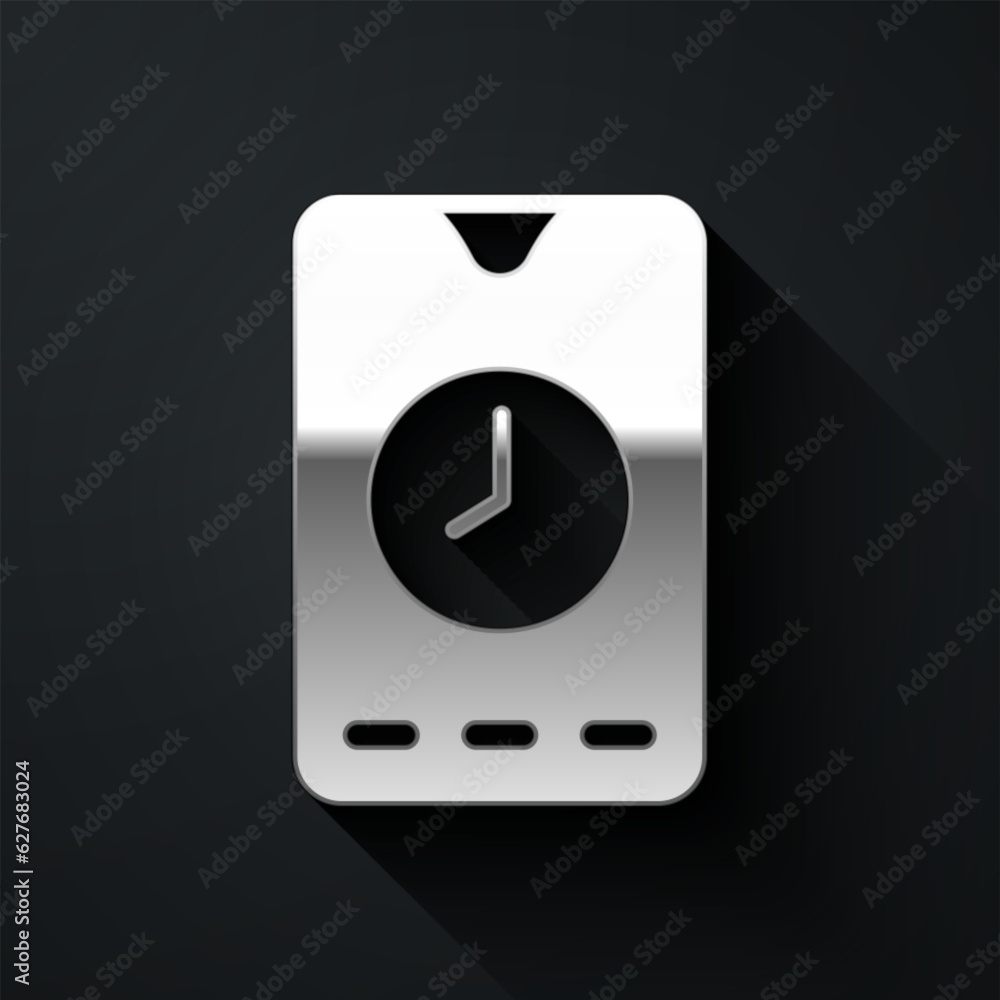 Silver Alarm clock app smartphone interface icon isolated on black background. Long shadow style. Vector Silver Alarm clock app smartphone interface icon isolated on black background. Long shadow style. Vector