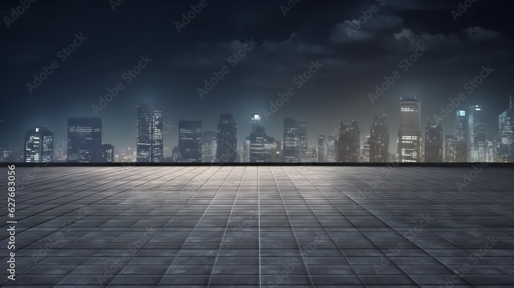 Empty square floor and modern city skyline at night