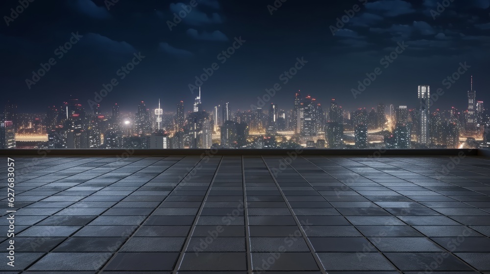 empty floor with cityscape and skyline at night