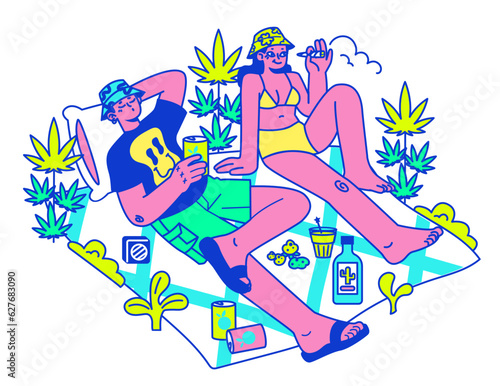 Psychedelic trip party. Rave camp, Characters drinking alcohol,