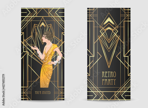 Flapper girl. Art deco (1920's style) vintage invitation template design for drink list, bar menu, glamour event, thematic wedding, jazz party flyer. Vector art.