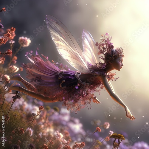 Tela flying fairy with blonde hair and butterfly wings. Generative AI