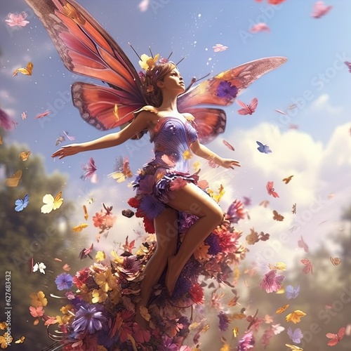 Fényképezés flying fairy with blonde hair and butterfly wings. Generative AI