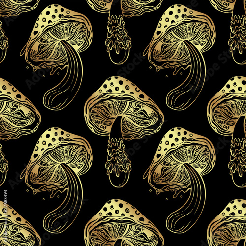 Magic mushrooms golden seamless pattern. Psychedelic hallucination. 60s hippie colorful art. Vintage psychedelic textile, fabric, wrapping, wallpaper. Vector repeating illustration.