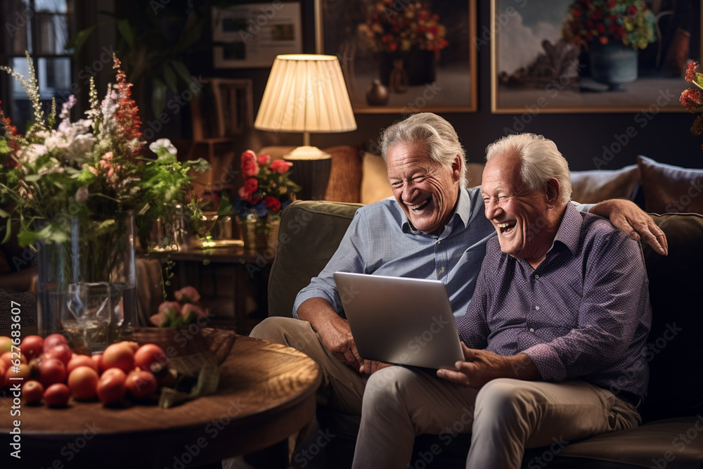 Two elderly LGBT men sitting together in front of a laptop at home. AI Generated Two elderly LGBT men sitting together in front of a laptop at home. AI Generated