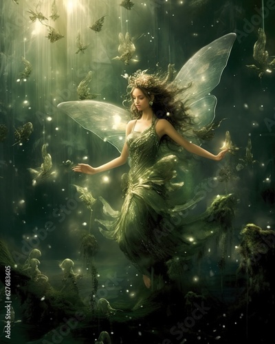 flying fairy with blonde hair and butterfly wings. Generative AI photo