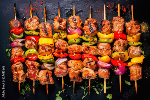 Meat and vegetable skewers Close-up