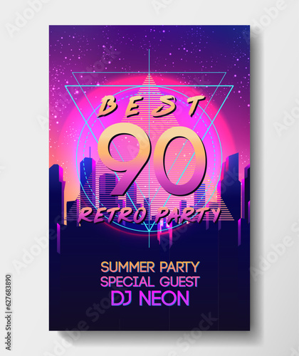 Rave party Flyer design template set in 1980s style. Retro Futurism. Vector futuristic synth wave illustration. 80s Retro poster Background with Night City Skyline.
